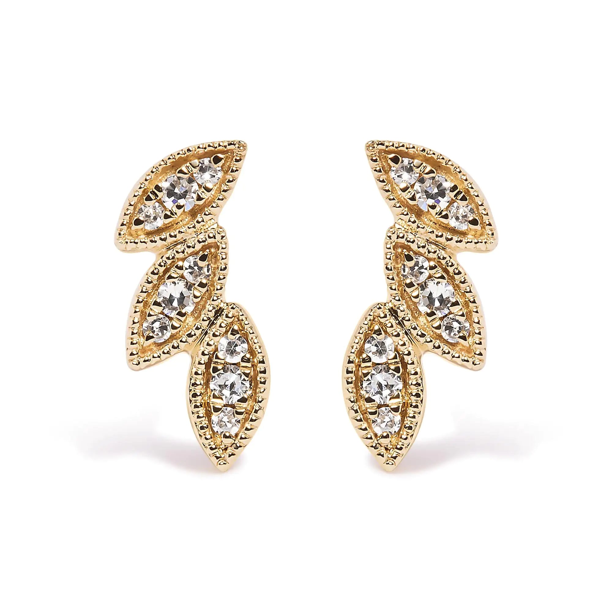 10K Yellow Gold 1/10 Cttw Diamond Triple Leaf Stud Earring (H-I Color, I1-I2 Clarity)