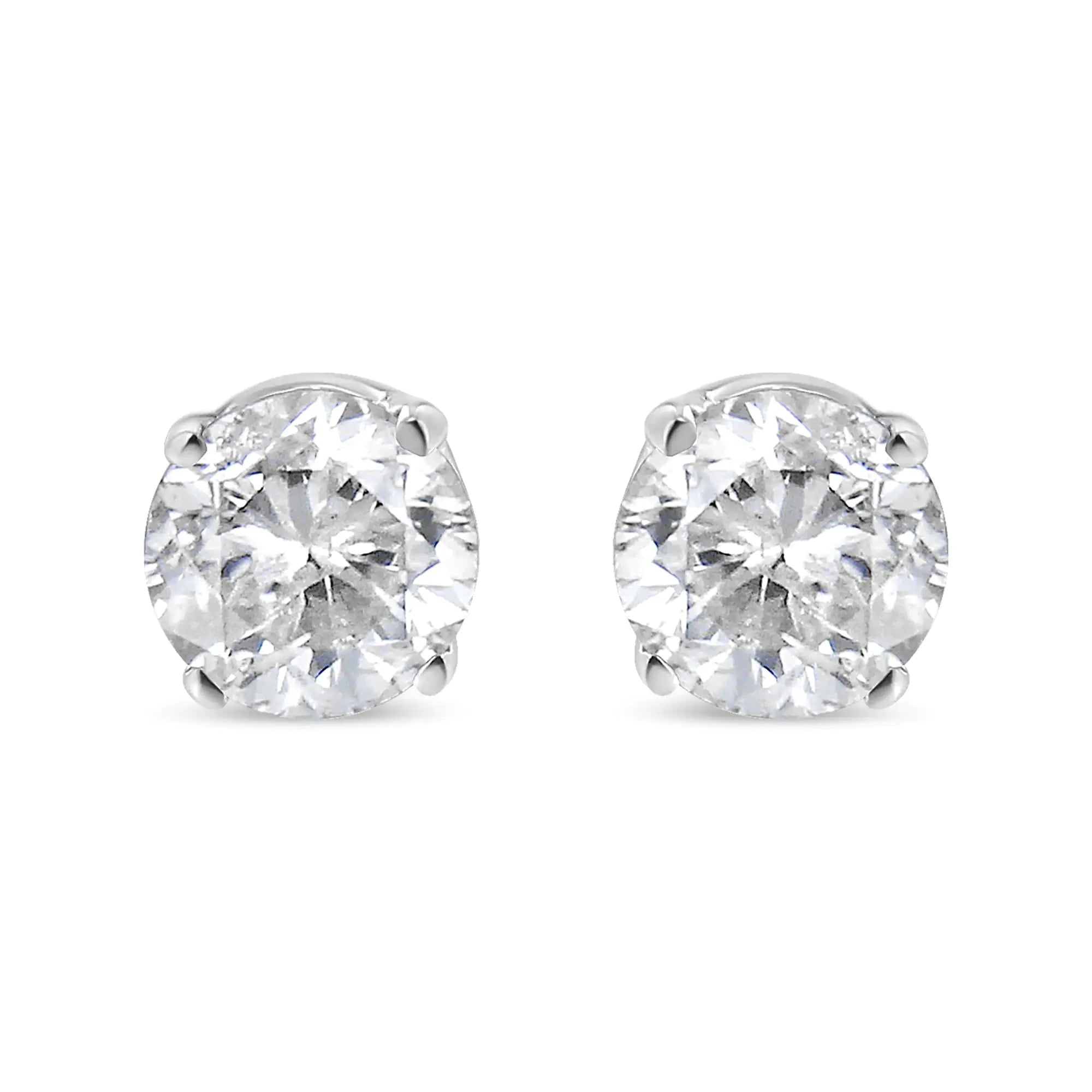 AGS Certified 14K White Gold 1.0 Cttw 4-Prong Set Brilliant Round-Cut Solitaire Diamond Push Back Stud Earrings (G-H Color, SI2-I1 Clarity)