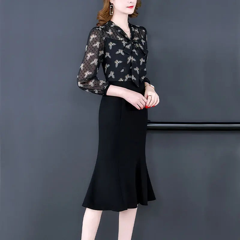 Black Patchwork Floral Chiffon Dress