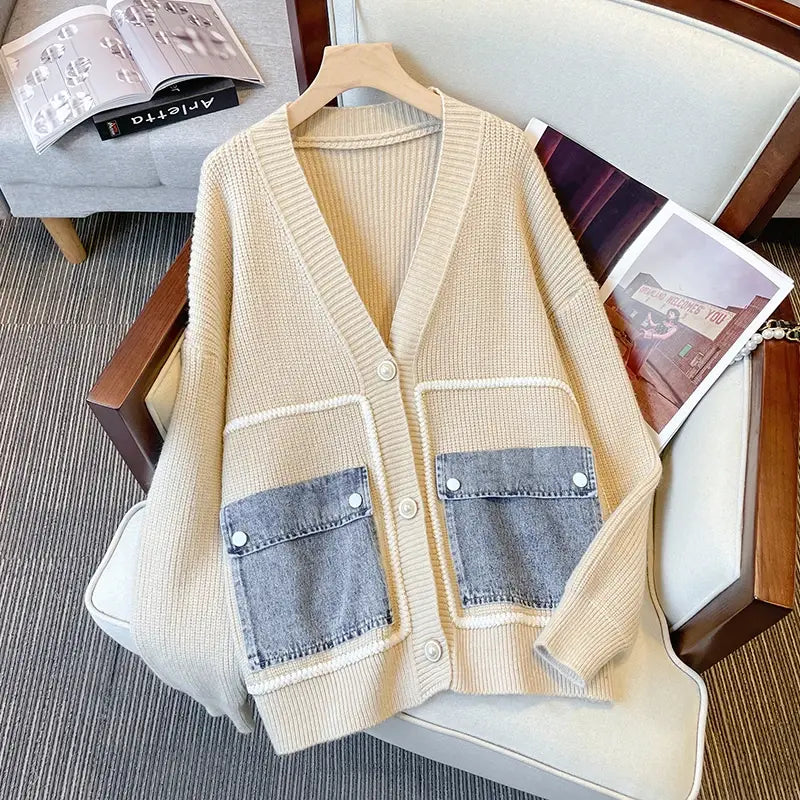 Knitting Loose V Neck Long Sleeve Design Sweater Cardigan