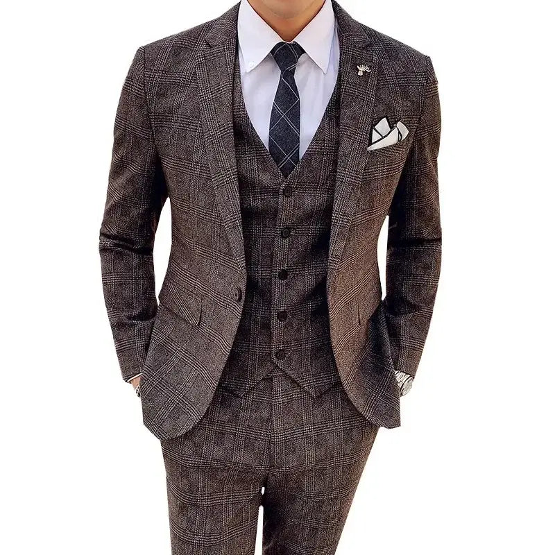 Boutique Plaid Casual Business Groom Wedding 3 Pieces Suit