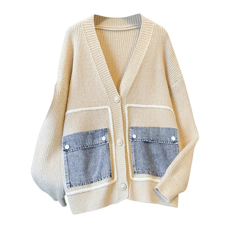 Knitting Loose V Neck Long Sleeve Design Sweater Cardigan