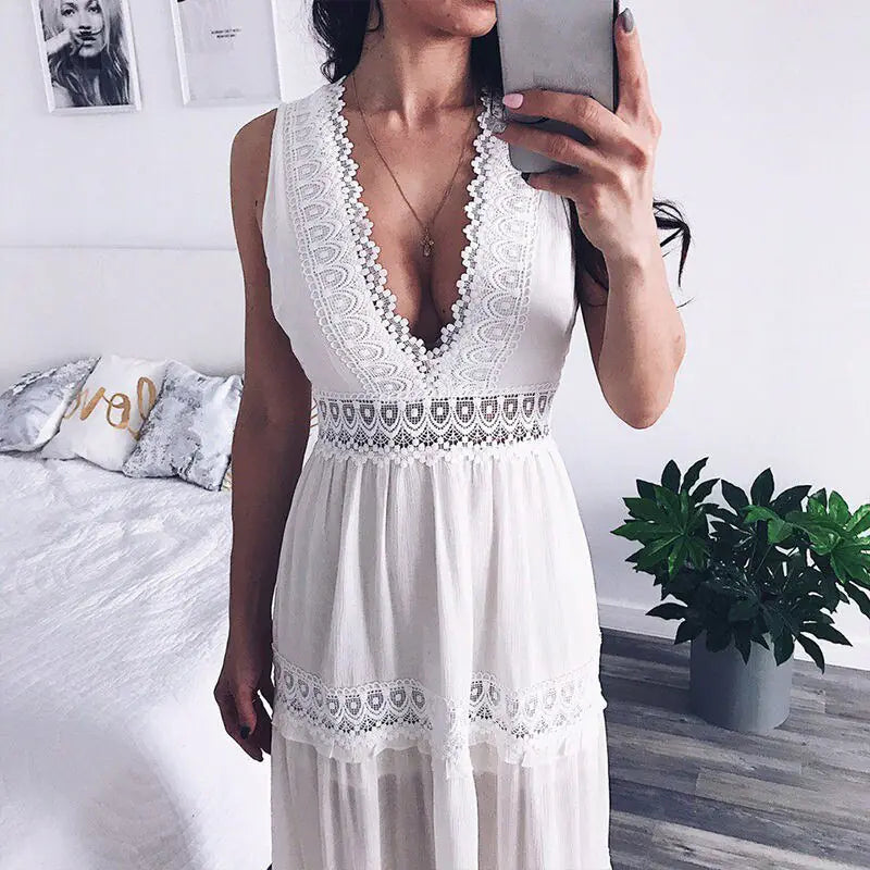 Sexy Deep V-Neck Lace Maxi Dress