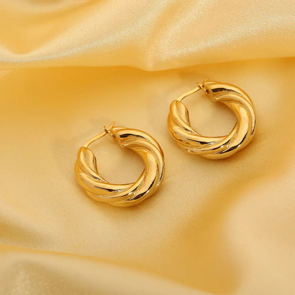 18K Gold Twist Hoop Earrings: Stainless Steel Chunky Curve Earring