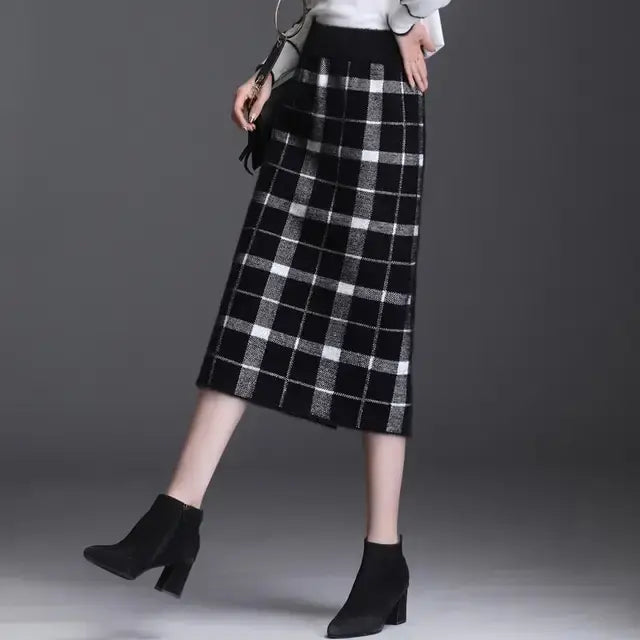 New High Waist Plaid Knitting Skirts