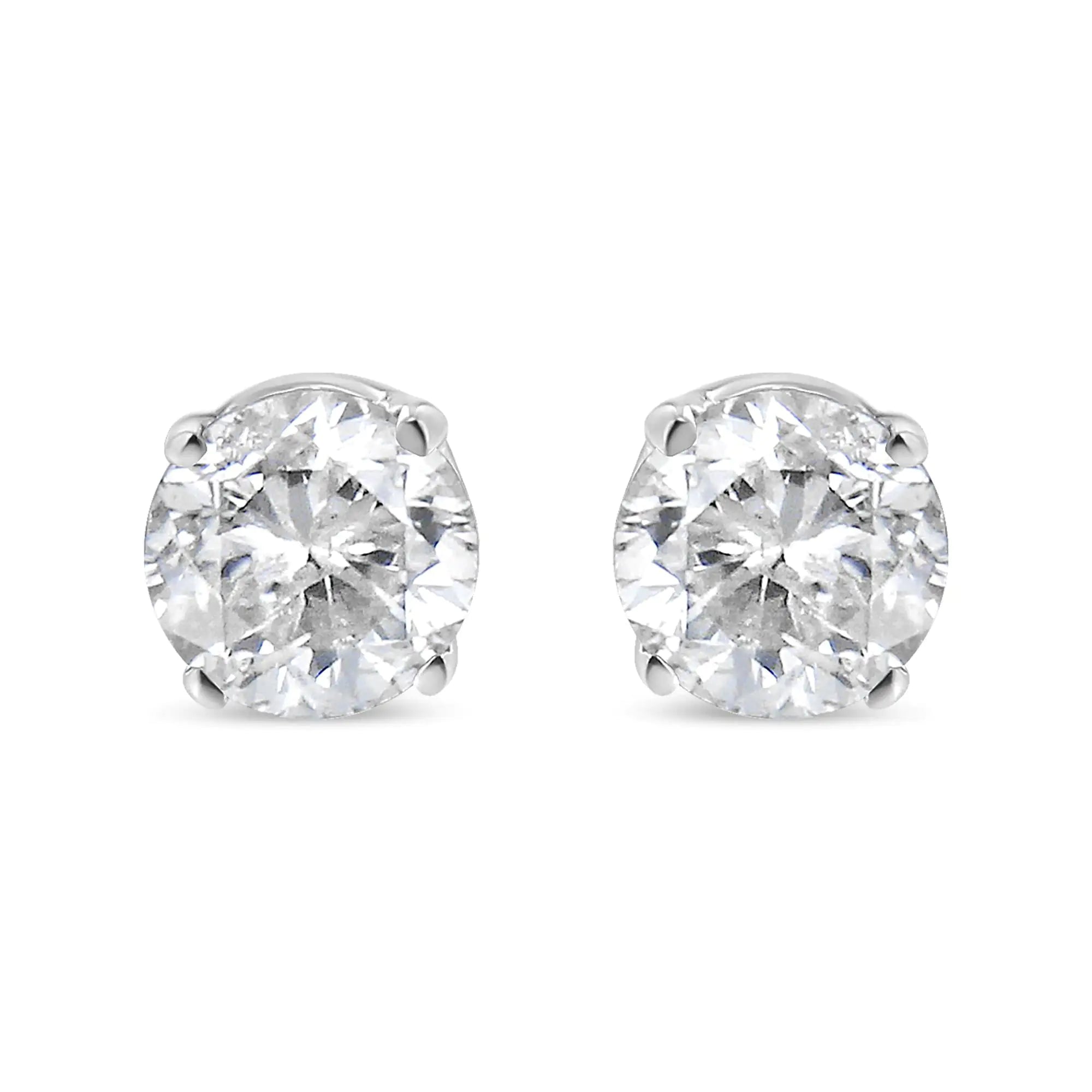 AGS Certified 14K White Gold 1.0 Cttw 4-Prong Set Brilliant Round-Cut Solitaire Diamond Push Back Stud Earrings (F-G Color, SI2-I1 Clarity)