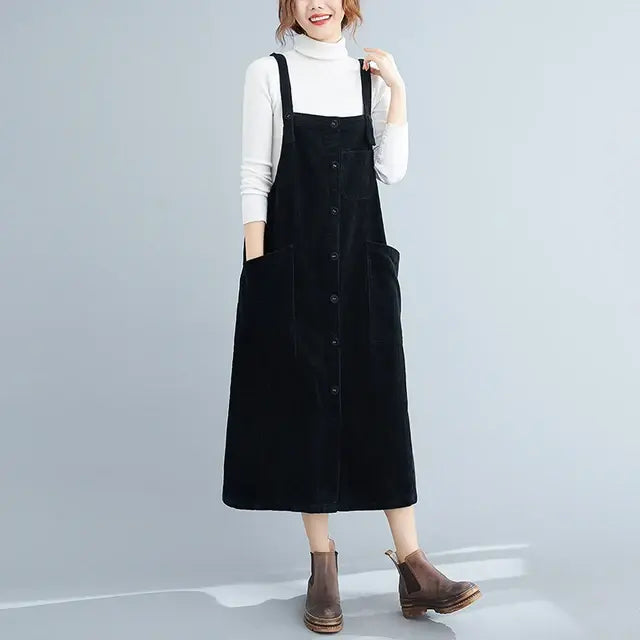 Elegant Mid-Length Pocket Simple Pleated Suspender Dress