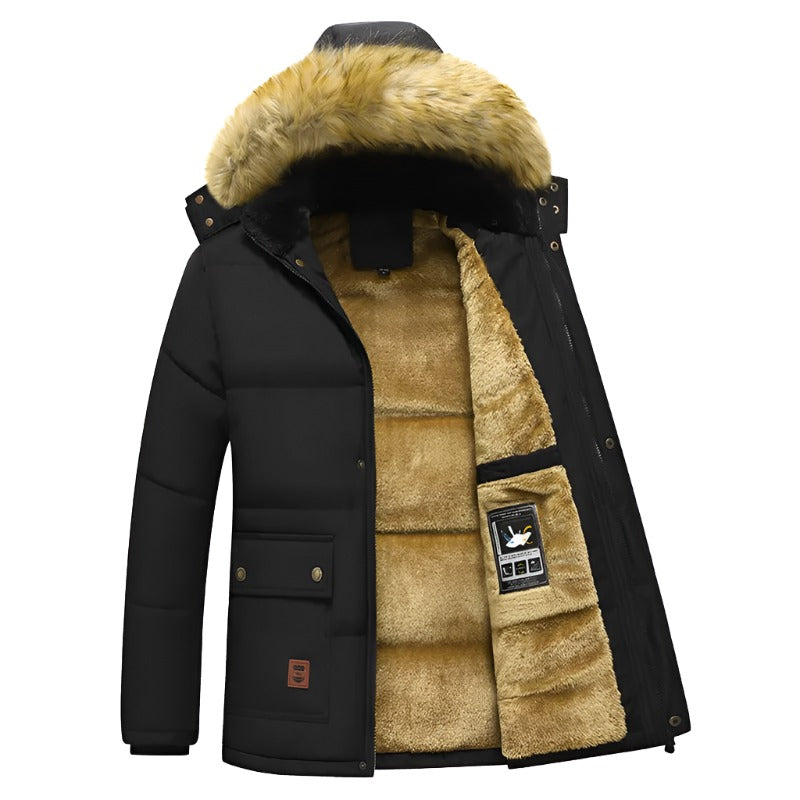 Windproof Fleece Thick Jacket Coat Men Fashion Hooded Fur Collar