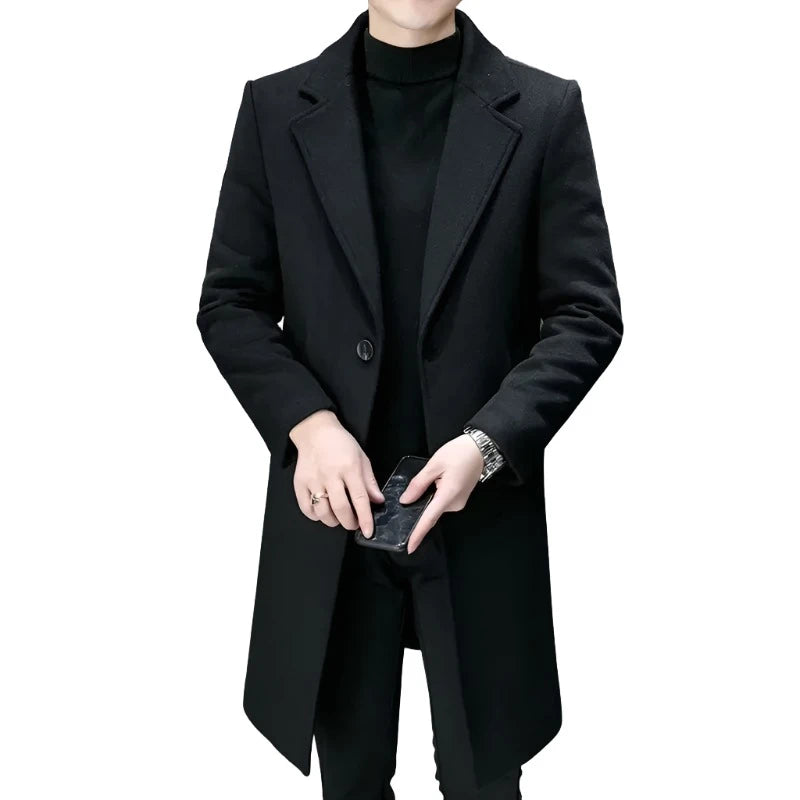 Men's Solid Mid-Length Thick Woolen Trench Coats