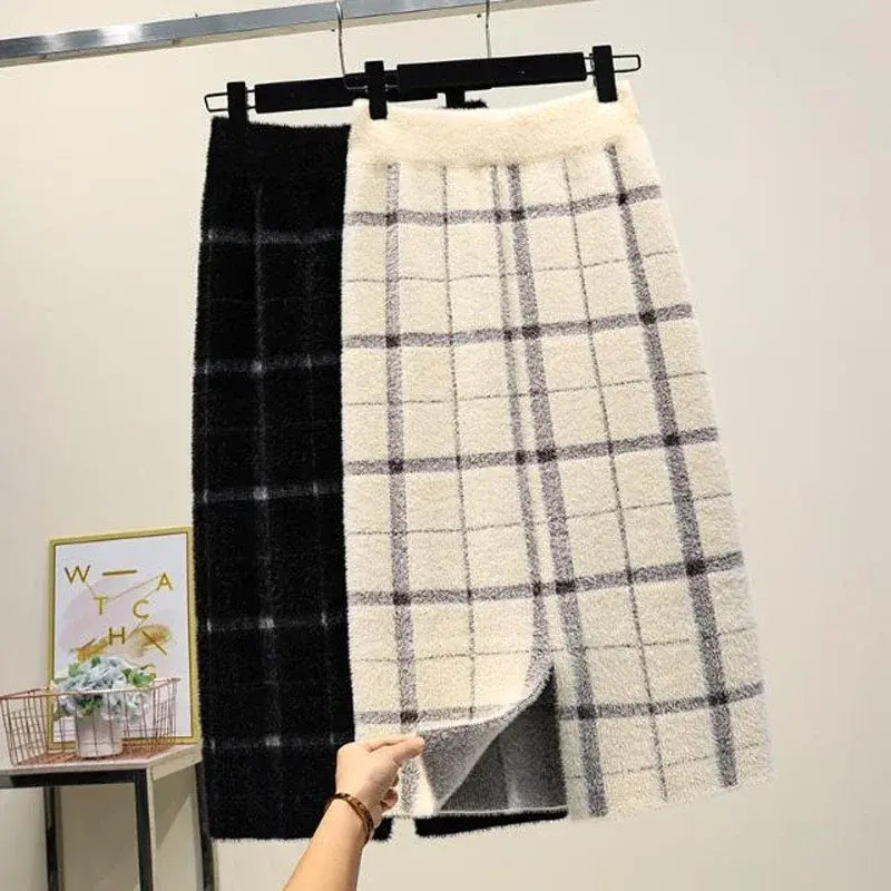 New High Waist Plaid Knitting Skirts