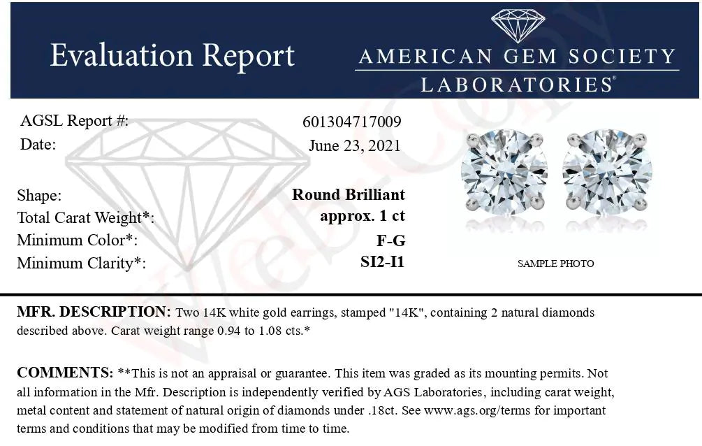 AGS Certified 14K White Gold 1.0 Cttw 4-Prong Set Brilliant Round-Cut Solitaire Diamond Push Back Stud Earrings (F-G Color, SI2-I1 Clarity)