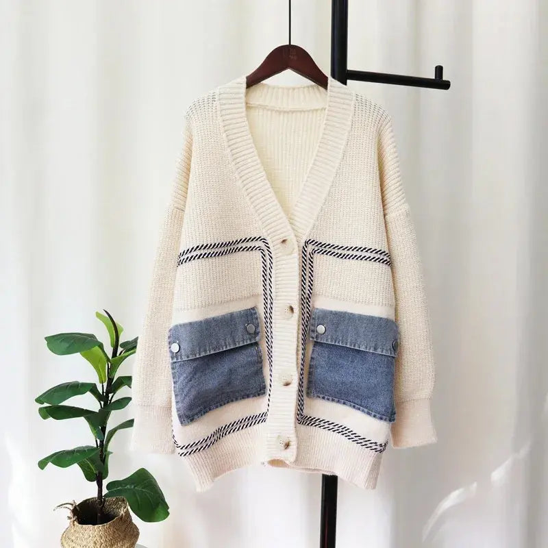Knitting Loose V Neck Long Sleeve Design Sweater Cardigan