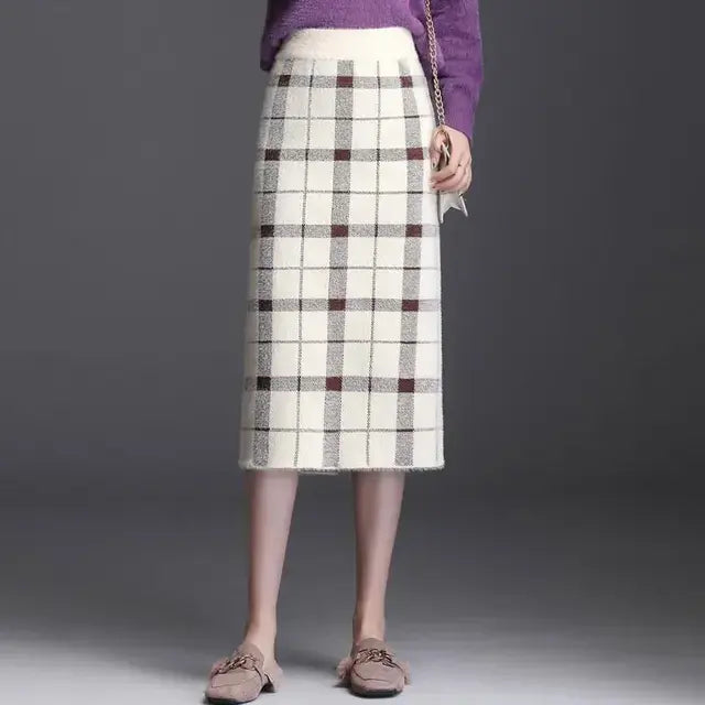 New High Waist Plaid Knitting Skirts