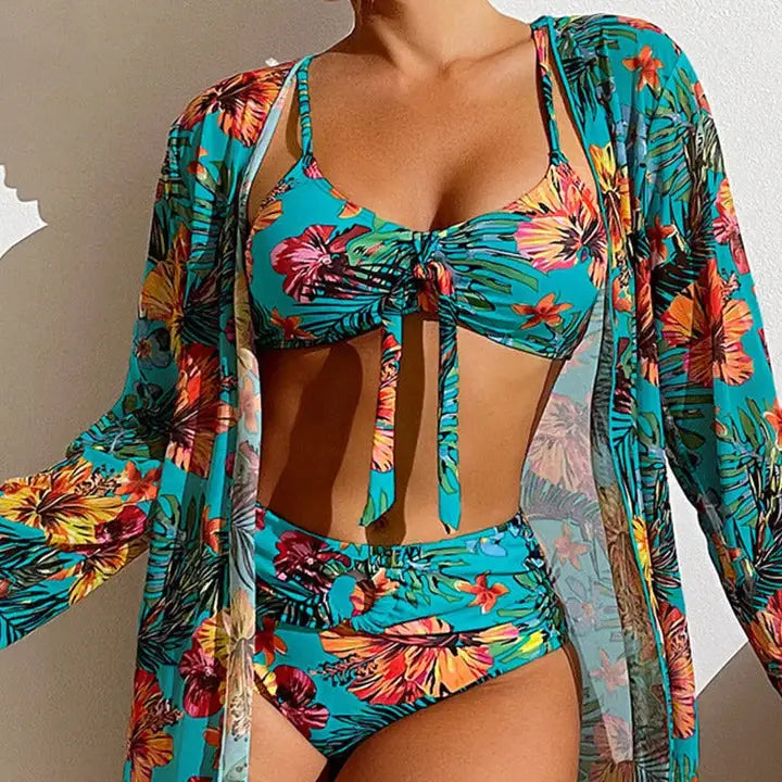 Three Piece Bikini Set with Floral Pattern