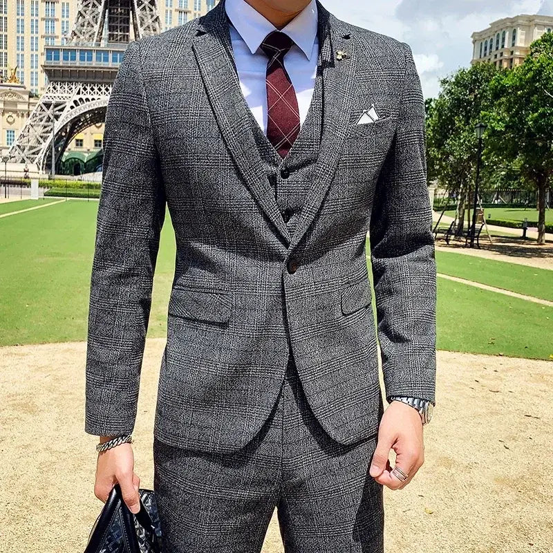 Boutique Plaid Casual Business Groom Wedding 3 Pieces Suit