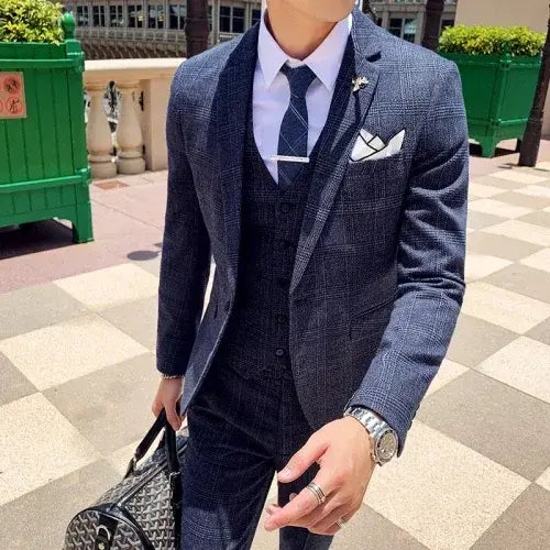 Boutique Plaid Casual Business Groom Wedding 3 Pieces Suit