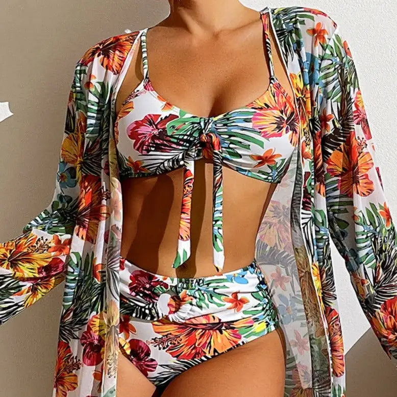 Three Piece Bikini Set with Floral Pattern