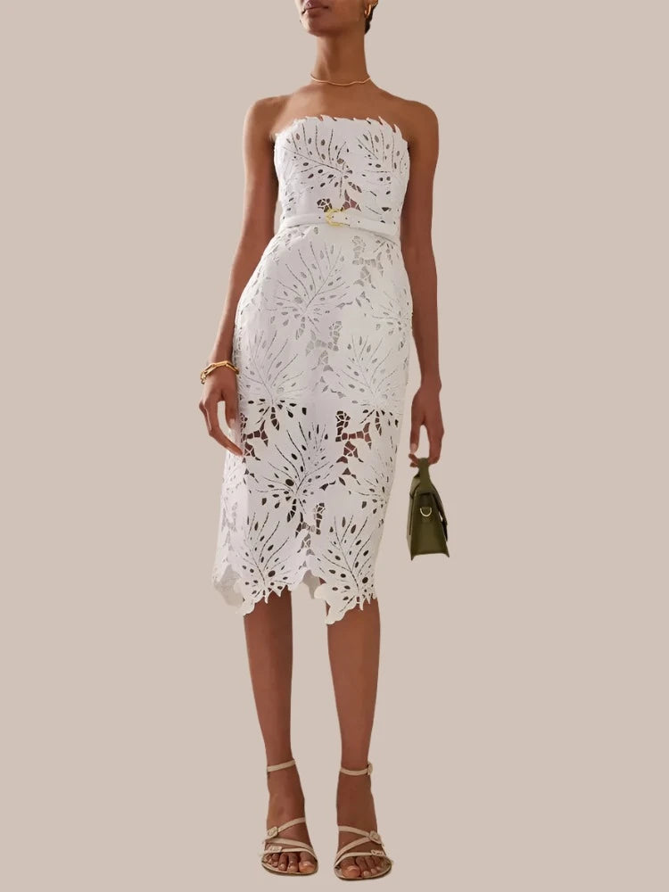 White Midi Dress Flower Cut-Out Elegant Celebrity Party Dress