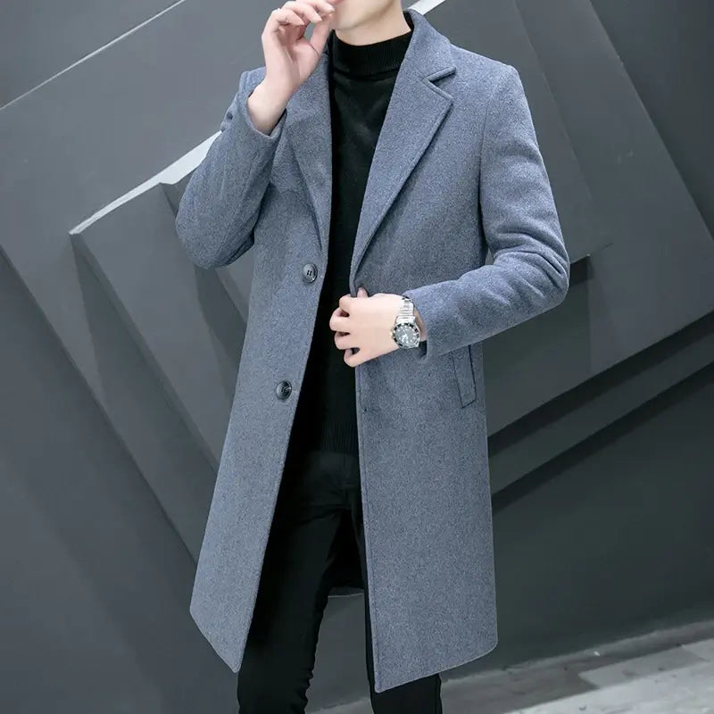 Men's Solid Mid-Length Thick Woolen Trench Coats