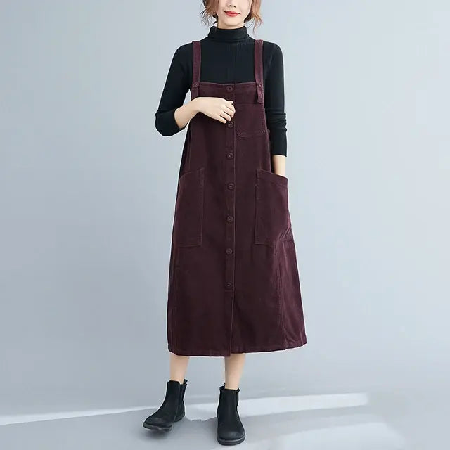 Elegant Mid-Length Pocket Simple Pleated Suspender Dress