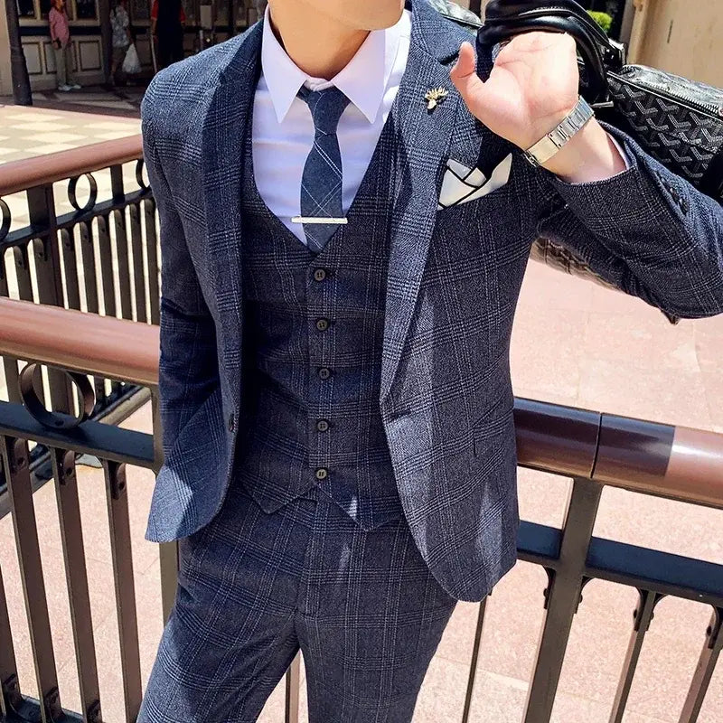 Boutique Plaid Casual Business Groom Wedding 3 Pieces Suit